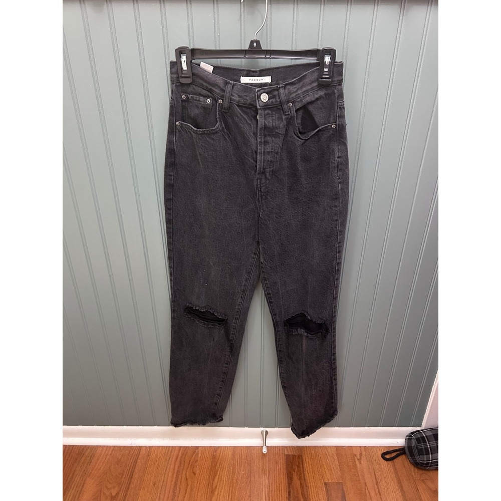 PacSun Washed Black High‎ Rise Distressed Dad Jeans Size 26 Ripped Knee Raw Hem